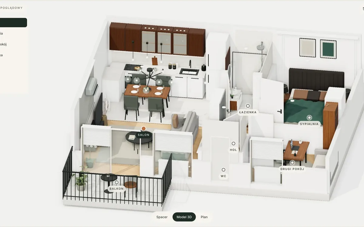 Nasze demo spaceru 3D: model całego mieszkania 60 m² widziany z góry, ściany w przekroju, meble w każdym pokoju