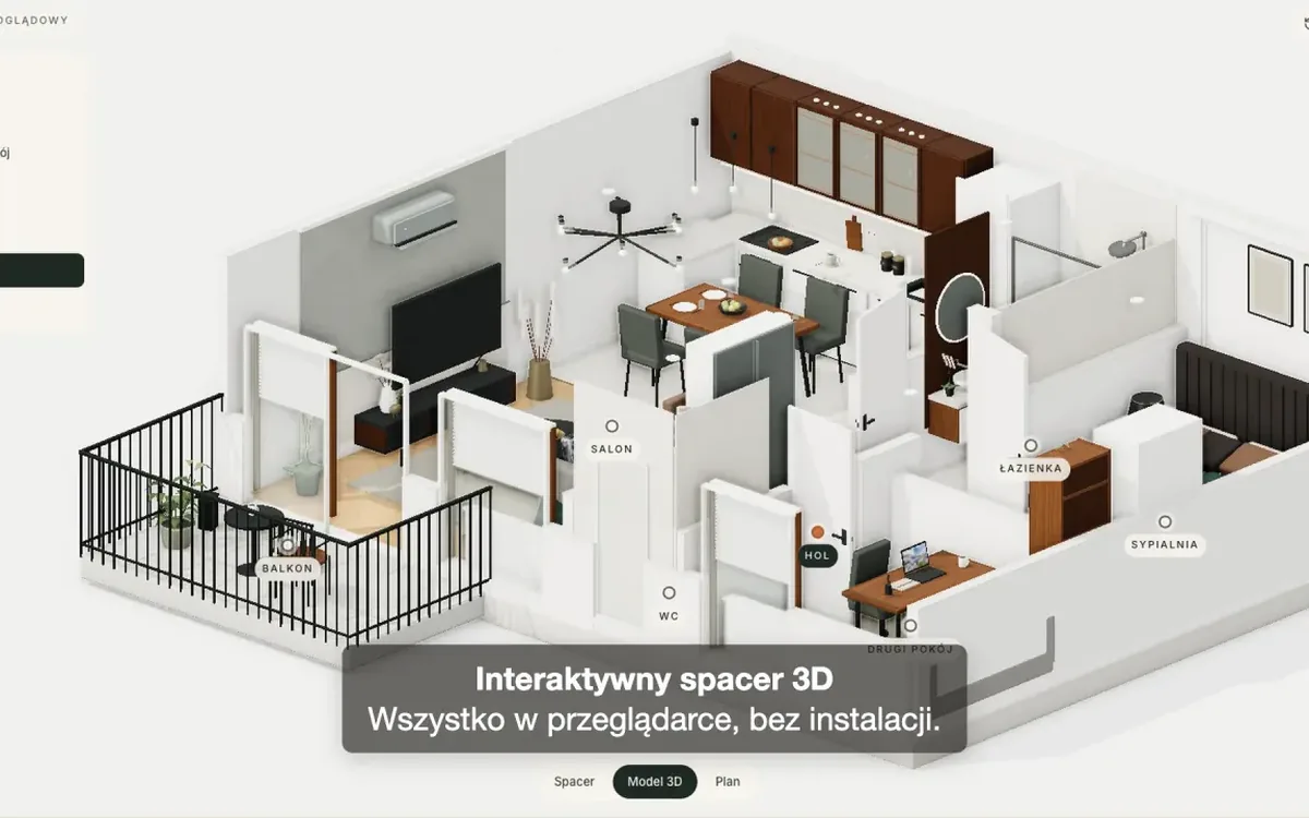 Ekran wejścia do spaceru: model 3D mieszkania z napisem „Interaktywny spacer 3D. Wszystko w przeglądarce, bez instalacji.”
