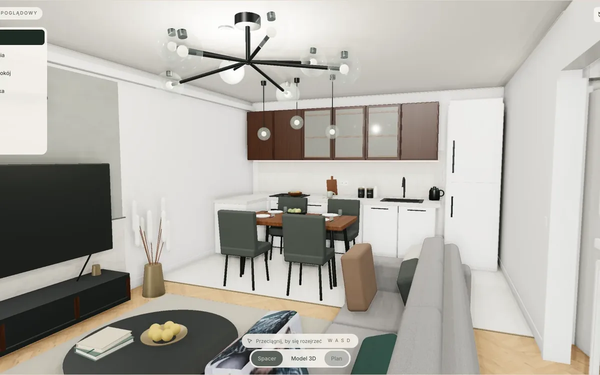 Nasze demo spaceru 3D: widok z poziomu oczu w salonie mieszkania 60 m², plan mieszkania w rogu ekranu