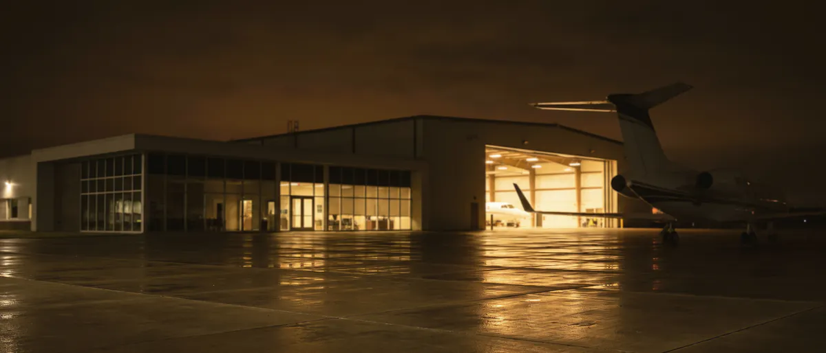 Art direction: a private aviation terminal and open hangar at night, the tail of a business jet lit by amber light