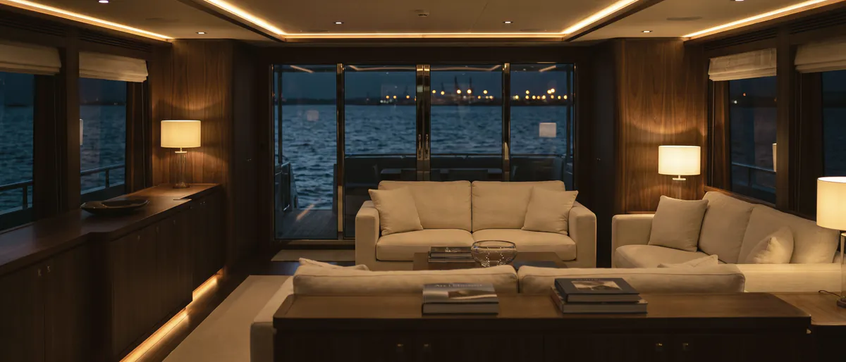 Art direction: a superyacht saloon at night, cream sofas and walnut joinery, harbour lights beyond the windows
