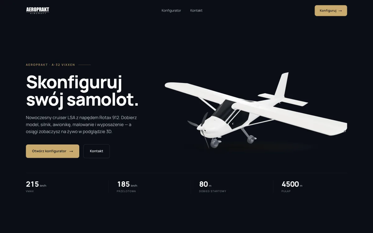 Aeroprakt configurator landing page: the headline Skonfiguruj swój samolot, a white A-32 Vixxen render and the aircraft's key figures