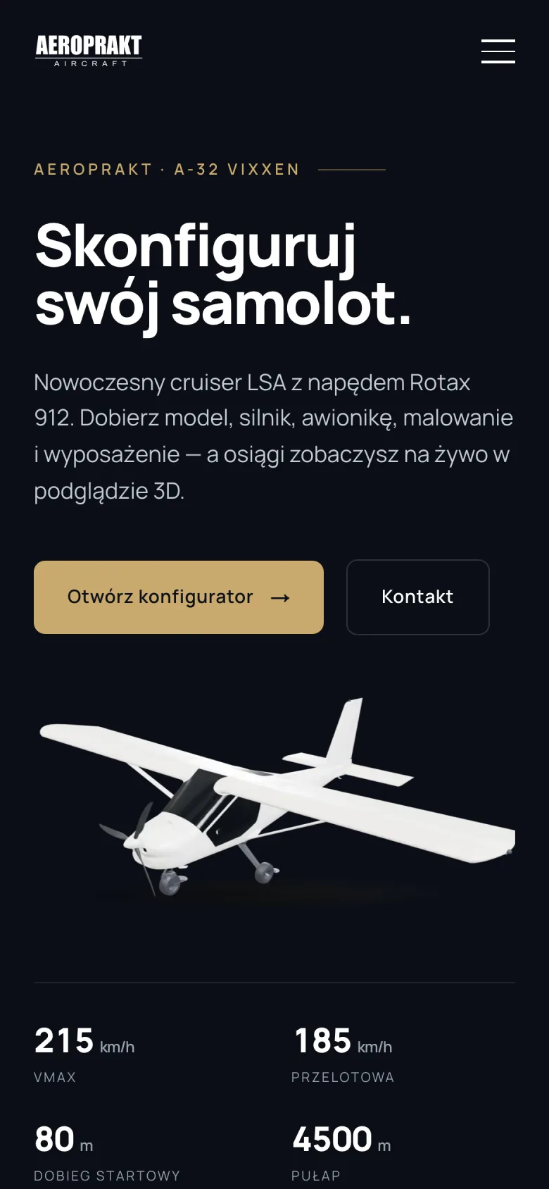 The Aeroprakt configurator landing page on a phone at 390px wide