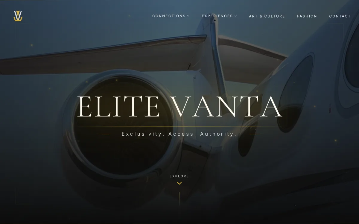 Elite Vanta homepage: the wordmark over a close-up of a business jet, with the line Exclusivity, Access, Authority