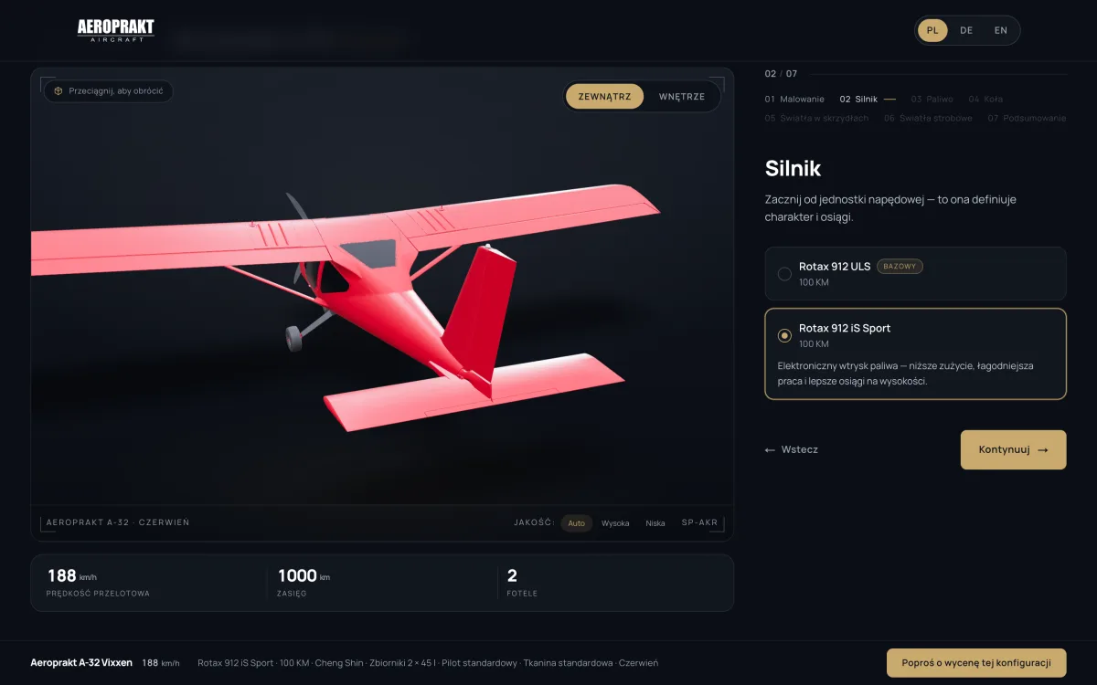 Aeroprakt configurator at the engine step: Rotax 912 ULS or 912 iS Sport selected beside the 3D model, cruise speed and range updating below