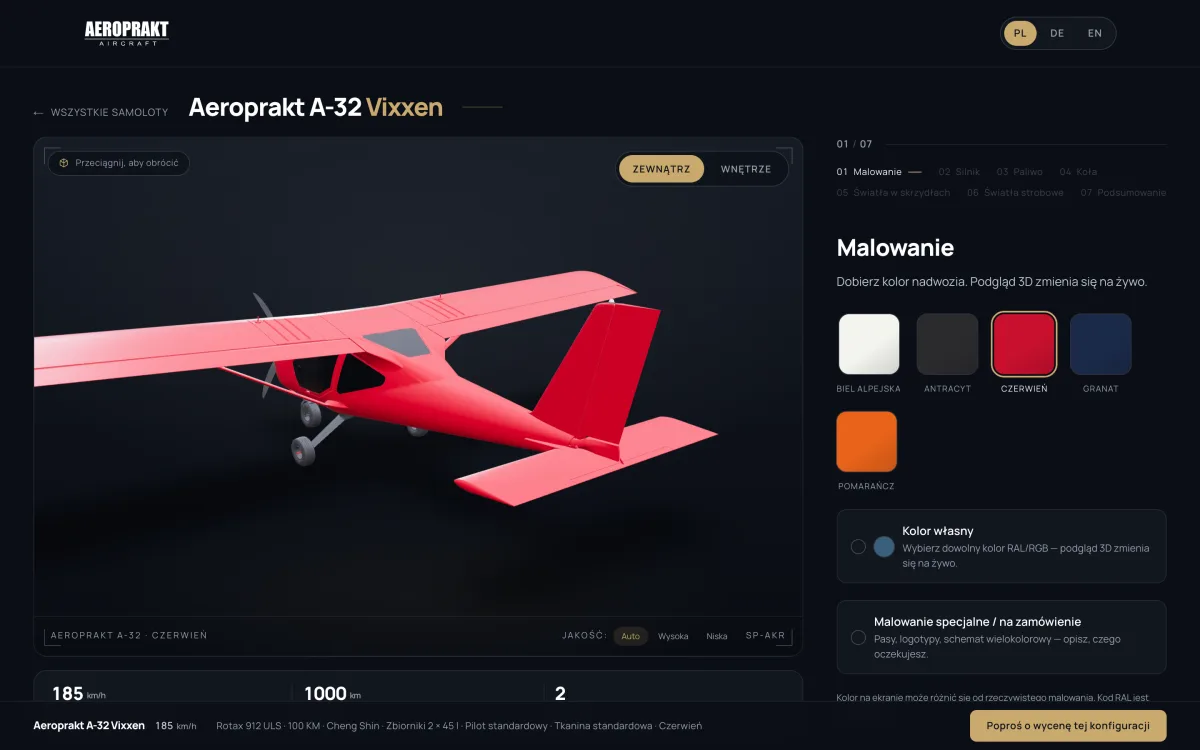 Aeroprakt A-32 Vixxen configurator at the paint step: a red 3D model, five color swatches, a custom RAL option and the spec strip underneath
