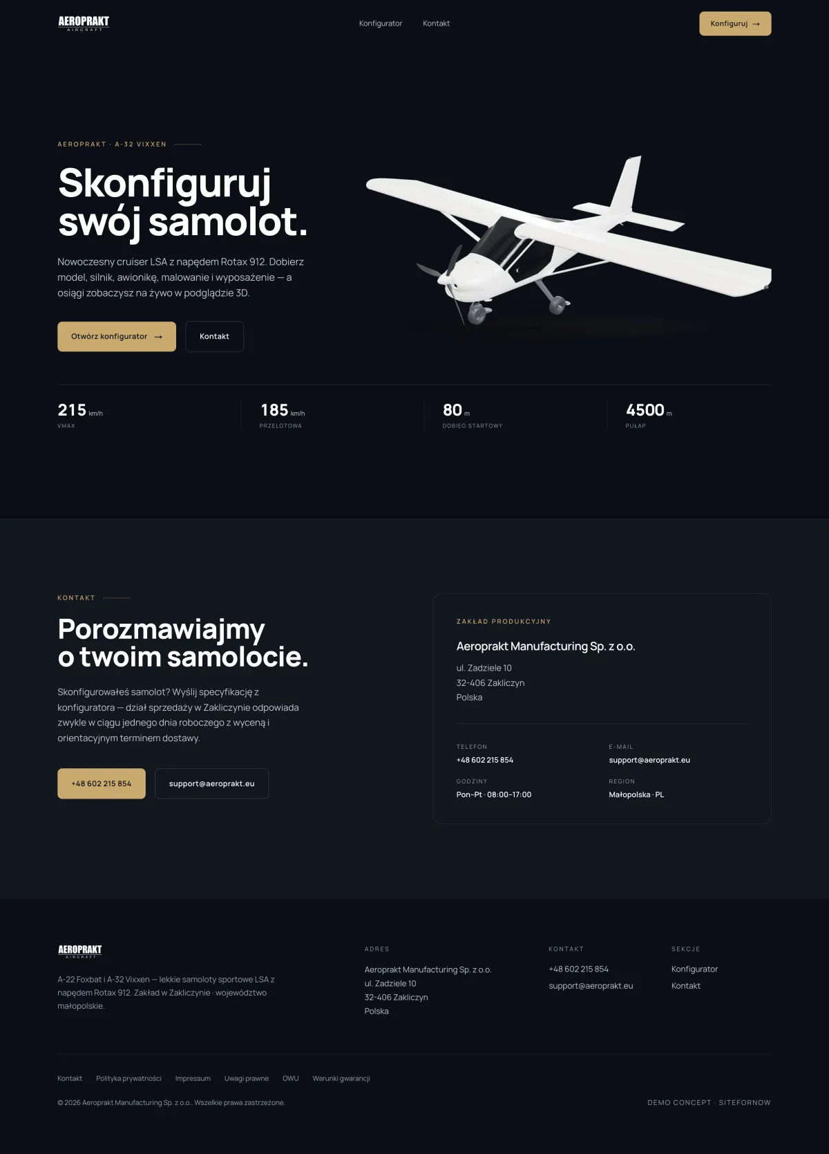 Full-page capture of the Aeroprakt configurator landing: hero, key figures, factory contact and footer
