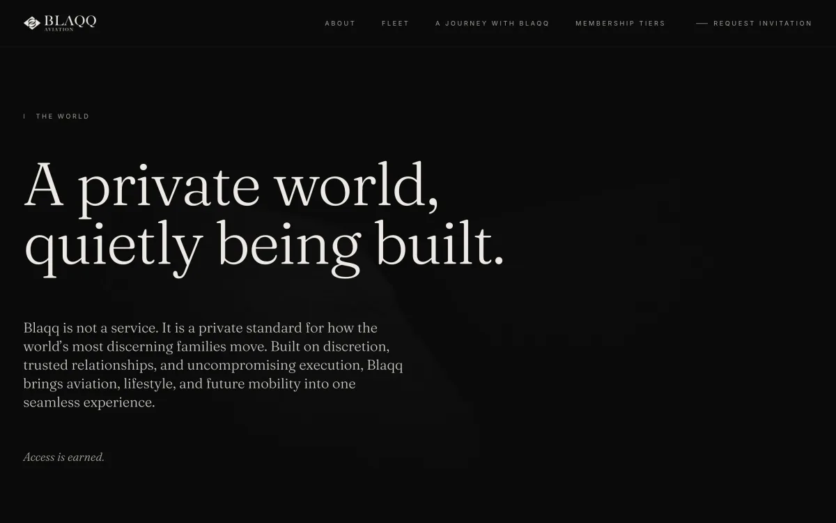 Blaqq, movement I, The World: the headline A private world, quietly being built, in serif type on black