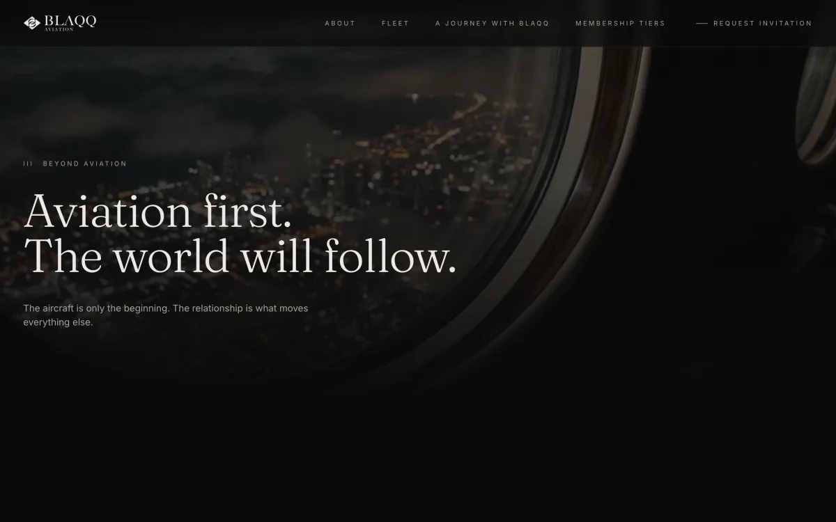 Blaqq, movement III: the headline Aviation first, the world will follow, over a cabin window at night