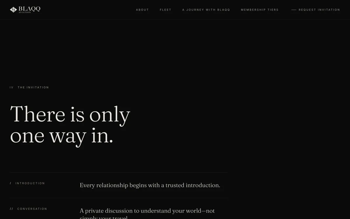 Blaqq, movement IV, The Invitation: the headline There is only one way in, above the Introduction and Conversation steps