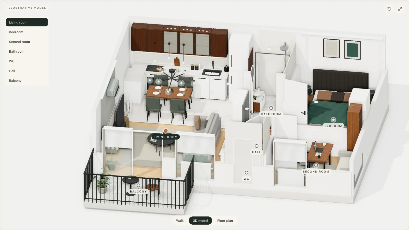 3D model view of a 60 m² apartment from above with cut-away walls: living room with kitchen, bedroom, second room, bathroom, WC, hall and balcony, room list on the left