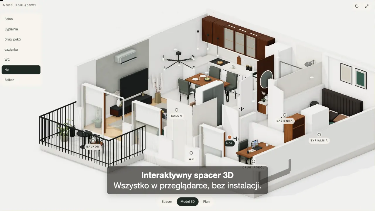Model 3D mieszkania z lotu ptaka: salon z aneksem, sypialnia, drugi pokój, łazienka i balkon, z podpisem „Interaktywny spacer 3D. Wszystko w przeglądarce, bez instalacji.”